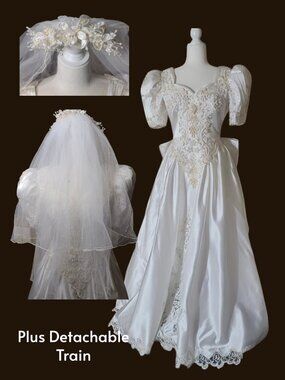 White Satin Vintage Bridal Gown With Detachable Train & Veil SEE ISSUE NOTE